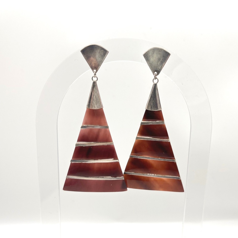 Vintage Sterling Silver Tortoise Acrylic Geometric Drop Earrings